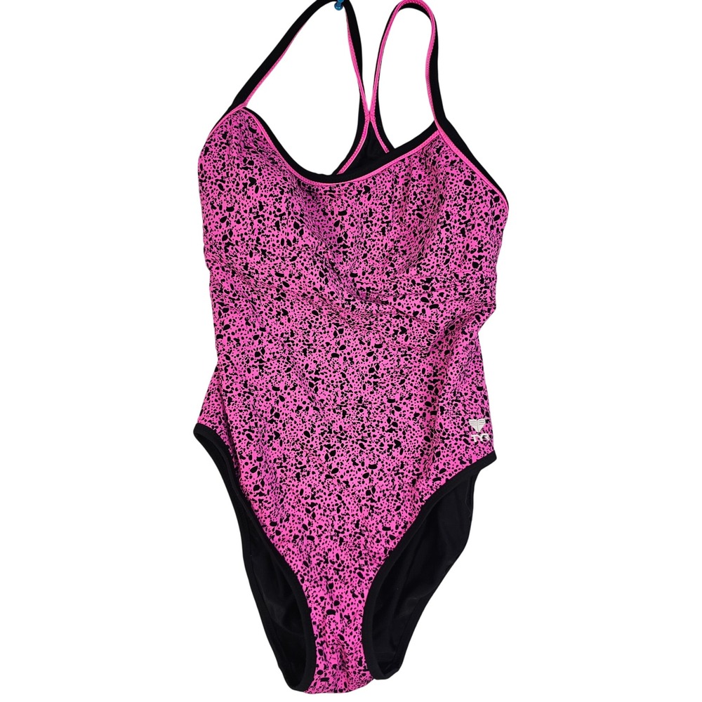 TYR Womens Pink Black Speckled Racerback One Piece Swimsuit Performance Swimwear
